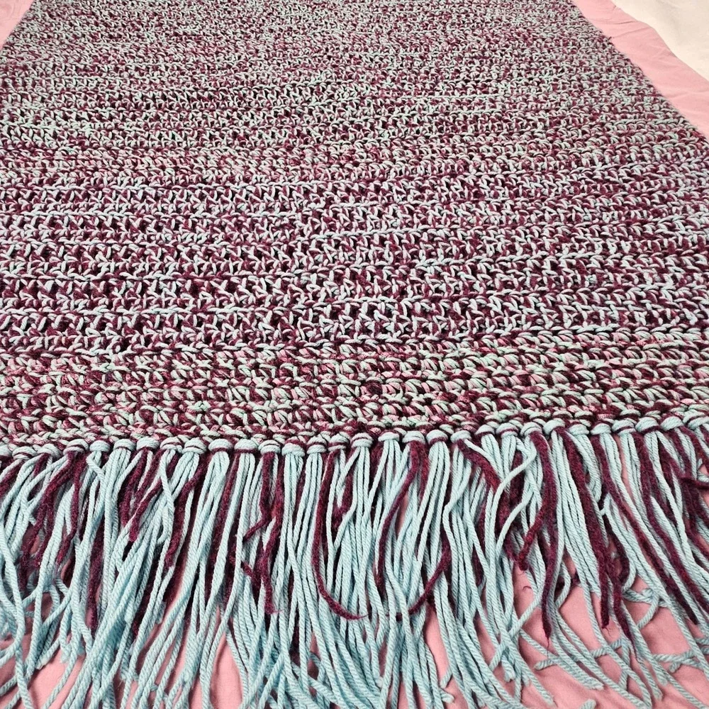 Handmade Crochet Blanket Throw Burgundy‎ Teal Fringe Cozy Afghan Home Decor Gift